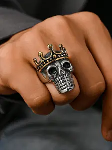 1pc Stainless Steel 18K Gold-plated Inlaid Cubic Zirconia Punk Gothic Skull Pattern Men's Ring Statement Ring Summer Accessory Acquired Style Ring