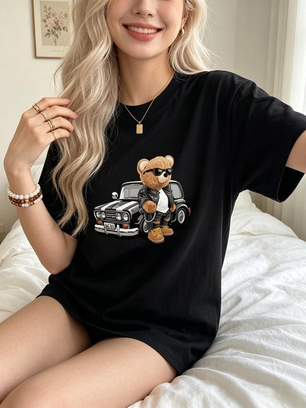 Women's Pure Cotton Fitted Basics T-Shirt - Vintage Streetwear Lightweight Cartoon Teddy Bear Graphic, Retro Car Print, Casual Minimalist A-Type, Crew Neck Short Sleeve, Valentine's Day Outdoors Wear, Matchable Sweatpants, Soft, All Seasons, Do Not Bleach