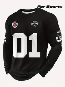 Men's Casual Sporty Round Neck Long Sleeve Top, 3D Print Fitted Crop Shirt, Letter Pattern, All Seasons Wear, Comfortable Clothing, Athletic style, Jersey Tee