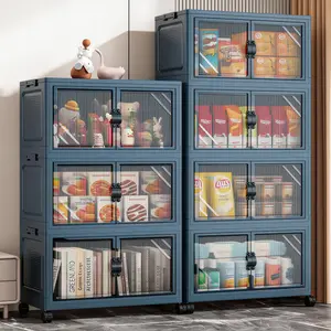 Multi Layer Large Capacity Stackable Storage Cabinet Transparent Visible Door No Assembly Wheeled Movable Kitchen Snack Seasoning Home Shelf