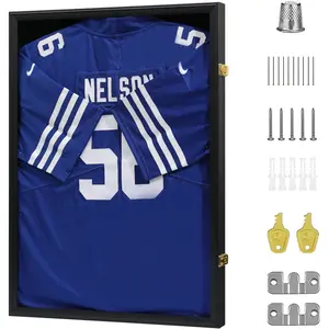 Jersey Frame Display Case - Football Jersey Shadow Box - Jersey Display Frame with Acrylic Door and Hanger for Baseball Basketball Soccer Hockey Sport Shirt and Uniform,Black