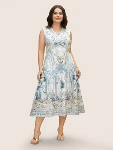 BLOOMCHIC Women's Boho Medium-Length Flower-Themed Dress - V-Neck, Sleeveless, Floral Print, Spandex Fabric, Women's Clothes, Boheme Style for Swimweek, Flower-Themed Casual Dresses