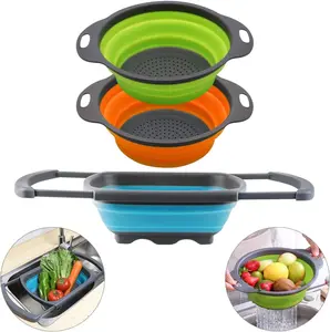 Qimh Collapsible Colander Set of 3 Round Silicone Kitchen Strainer Set - 2 pcs 4 Quart and 1 pcs 2 Quart- Perfect for Draining Pasta, Vegetable and fruit
