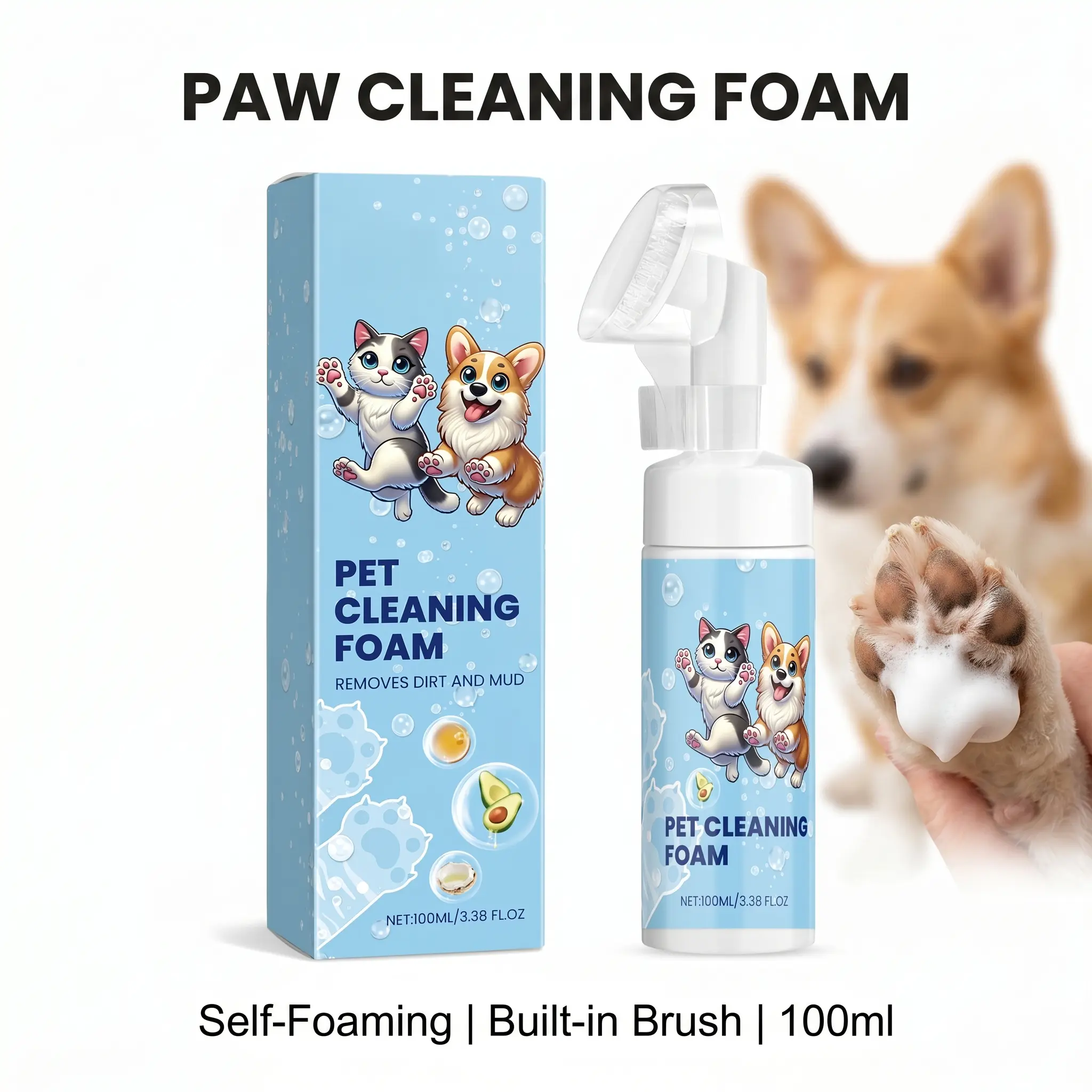 Waterless Pet Paw Cleaning Foam for Dogs and Cats, No-Rinse Paw Care Foam with Detachable Brush for Post-Walk Cleaning, Gentle Paw Hygiene Foam for Home and Travel Use, 100ml