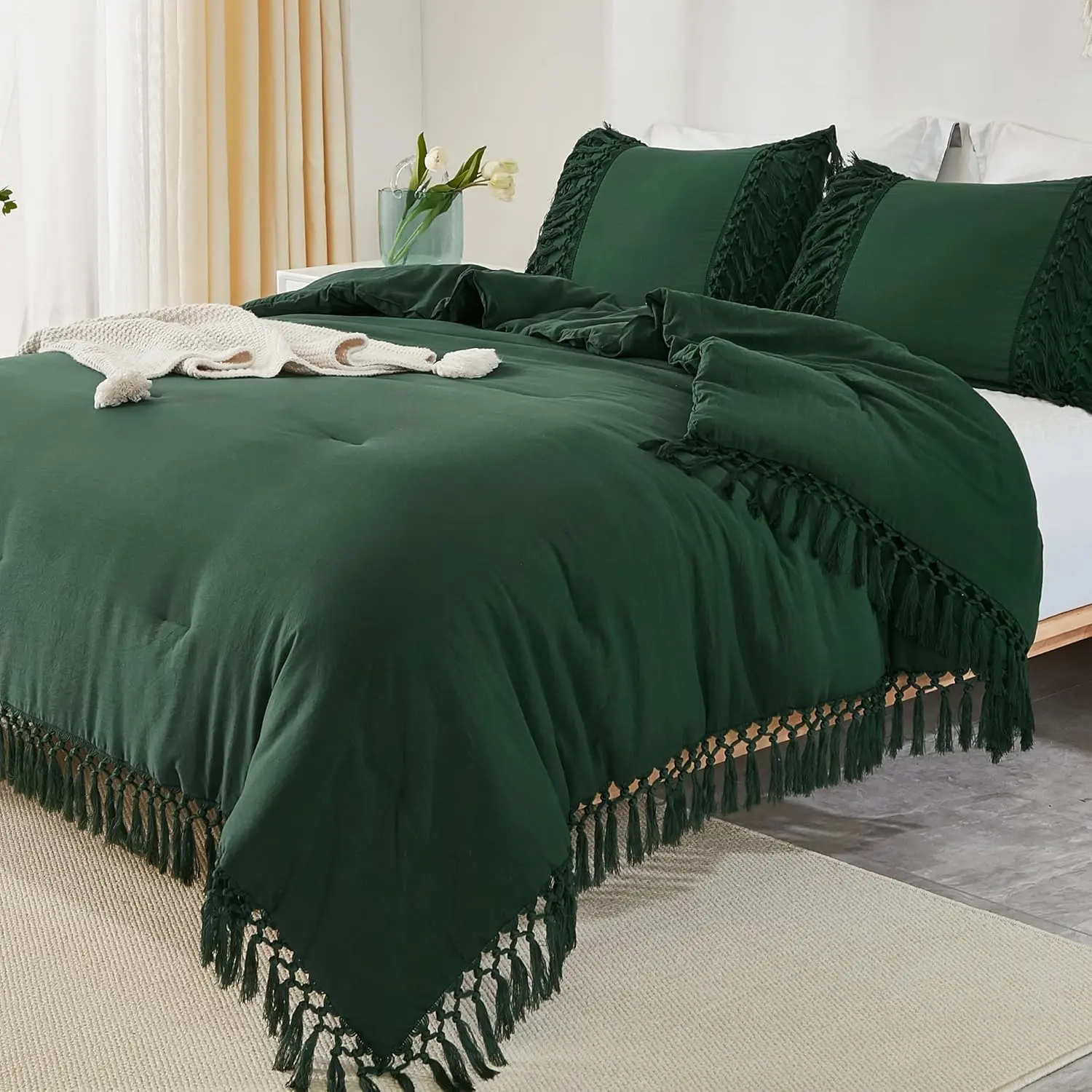 Emerald Dark Green Comforter King, 3 Boho Tassel Lightweight Vintage Comforter for King, Fluffy Fringe (104x90In Comforter  2 Pillowcases)
