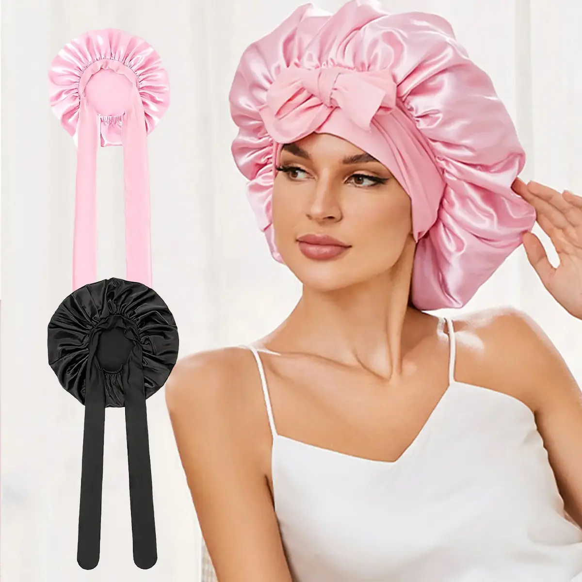 2-Pack Large Satin Bonnets for Women, Anti-Frizz Dreadlock Maintenance Sleep Hair Cap with Adjustable Stretchy Tie Band for Smooth, Curly Haircare, Adults, Large Size For Full Coverage, Multi-Pack, Original