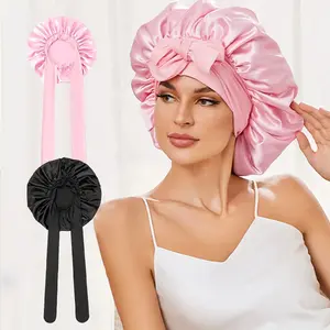 2Pcs (Black +Pink ）Factory Price Satin Sleep Bonnet for Braids | Large Silk Hair Cap with Adjustable Tie Band