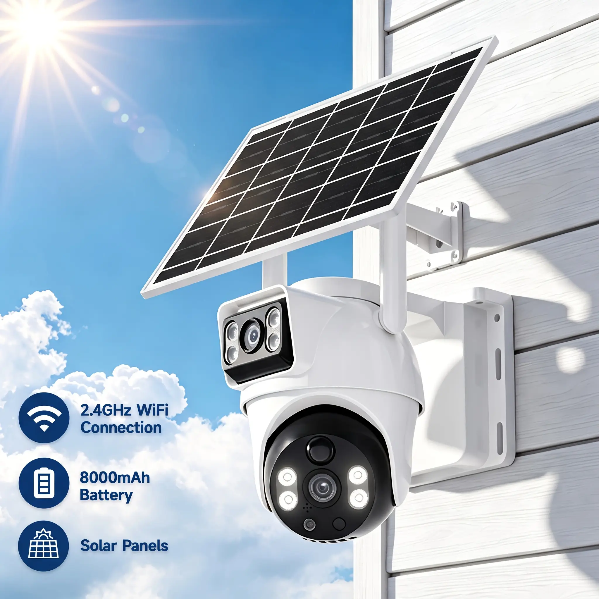 XIAOVV 4MP Dual Lens WiFi Security Camera Outdoor Solar Powered, 360° PTZ CCTV Home Surveillance, Two-Way Audio, PIR Human Detection, Strobe Light Alarm, Colour Night Vision, IP65 Waterproof, App Remote View