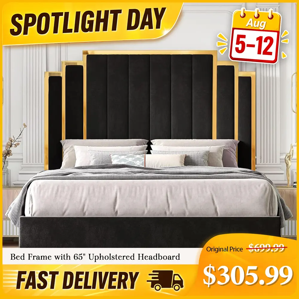 【Spotlight Day】Amerlife King Size Upholstered Platform Bed Frame - Velvet Headboard with Gold Trim, Durable Wooden Slats, No Box Spring Needed, Unique Indoor Bedroom Furniture, Platform Bed Design, Christmas Gift Idea, Room Decor, Apartment Furniture #hom