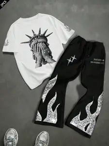 Men's T-Shirt & Long Pants Set, Freedom Goddess Print Top with Flame Print Straight Leg Pants, Outdoor Casual Party Wear Menswear