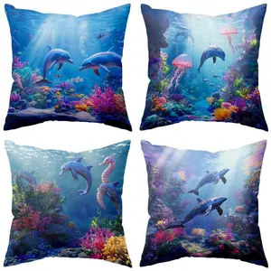 Ocean Themed Cushion Cover, 4 Counts/set Colorful Soft Comfortable Pillow Cover without Filler, Decorative Pillowcase for Home Sofa Bed