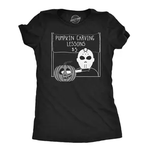 Womens Pumpkin Carving Lessons Horror T Shirt Funny Halloween Shirt for Ladies Funny Womens T Shirts Cute Vintage Fashion Casual Ladies T-Shirt Gift Halloween Tops for Women Women's Novelty Tees Black -