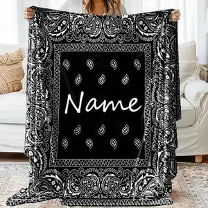 [customized]Personalized Custom Name Blanket-Soft Flannel 280G, Modern Paisley Pattern and Eye-Catching Name Design, All-Season Comfortable Sofa Bed External Blanket-Black and White Color Matching, Necessary for Home Decoration