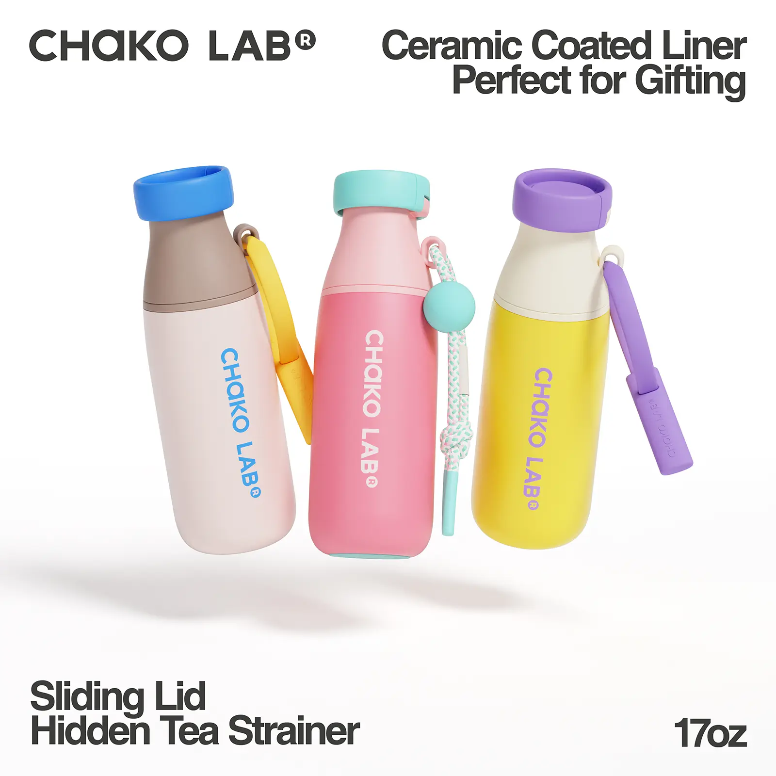 CHAKO LAB MILK BOTTLE Insulated Stainless Steel Water Bottle with Two Strap | BPA-Free Leak Proof  | 17oz Bottle with Spout Lid & Straw