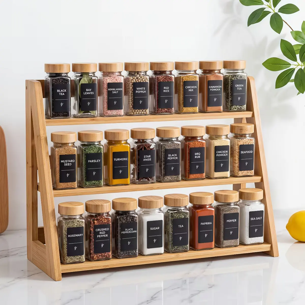 24 Pack Glass Spice Jars with Bamboo Lids – Refillable Square Seasoning Containers Set with Labels, Funnel, Brush & Marker Pen – Kitchen Pantry Organization & Storage