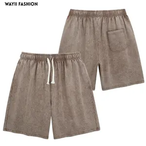 Wayii Fashion Women's 260G Cotton Acid Washed Sweat Shorts Mid Waist Elastic Drawstring Gym Workout Pants with Pockets for Summer Casual