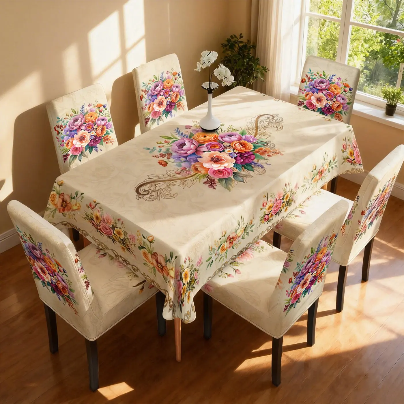 Floral Pattern Chair Covers + Tablecloth Set, Elastic Polyester Fiber Slipcovers, Durable, Sealed Edges, Detachable Washable, Home Office Hotel Use, Chair Covers For Dining Chairs, Dining Room Chair Covers