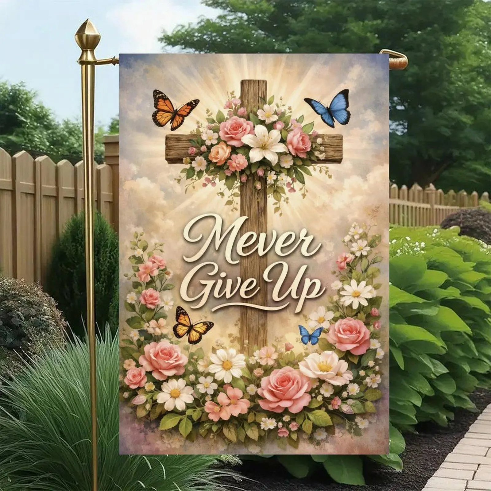 Never Give Up Wooden Cross Rose Daisy Butterfly Sunray Sky Inspirational Christian Motivational Garden Flag Double-Sided 12x18in, Encouraging Scripture Outdoor Banner