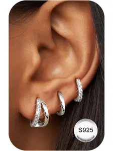 3 Pairs Sterling Silver Hoop Earrings for Women Chunky Earrings Hoops Earrings for Women Hypoallergenic Earring Sleeper Earrings Huggies Earrings Set Gold Silver