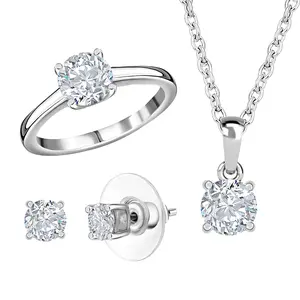 SHOP LC Moissanite Mix Stainless Steel 925 Sterling Silver Ring Stud Solitaire Earrings Pendant Necklace Set for Women Jewelry Birthday Christmas Gifts for Women