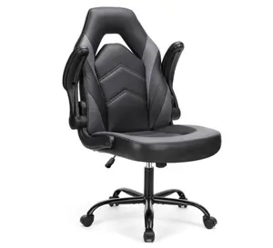 Sweetcrispy Computer Gaming Desk Chair - Ergonomic Office Executive Adjustable Swivel Task PU Leather Racing Chair with Flip-up Armrest for Adults, Kids, Men, Girls, Gamer, Black Grey