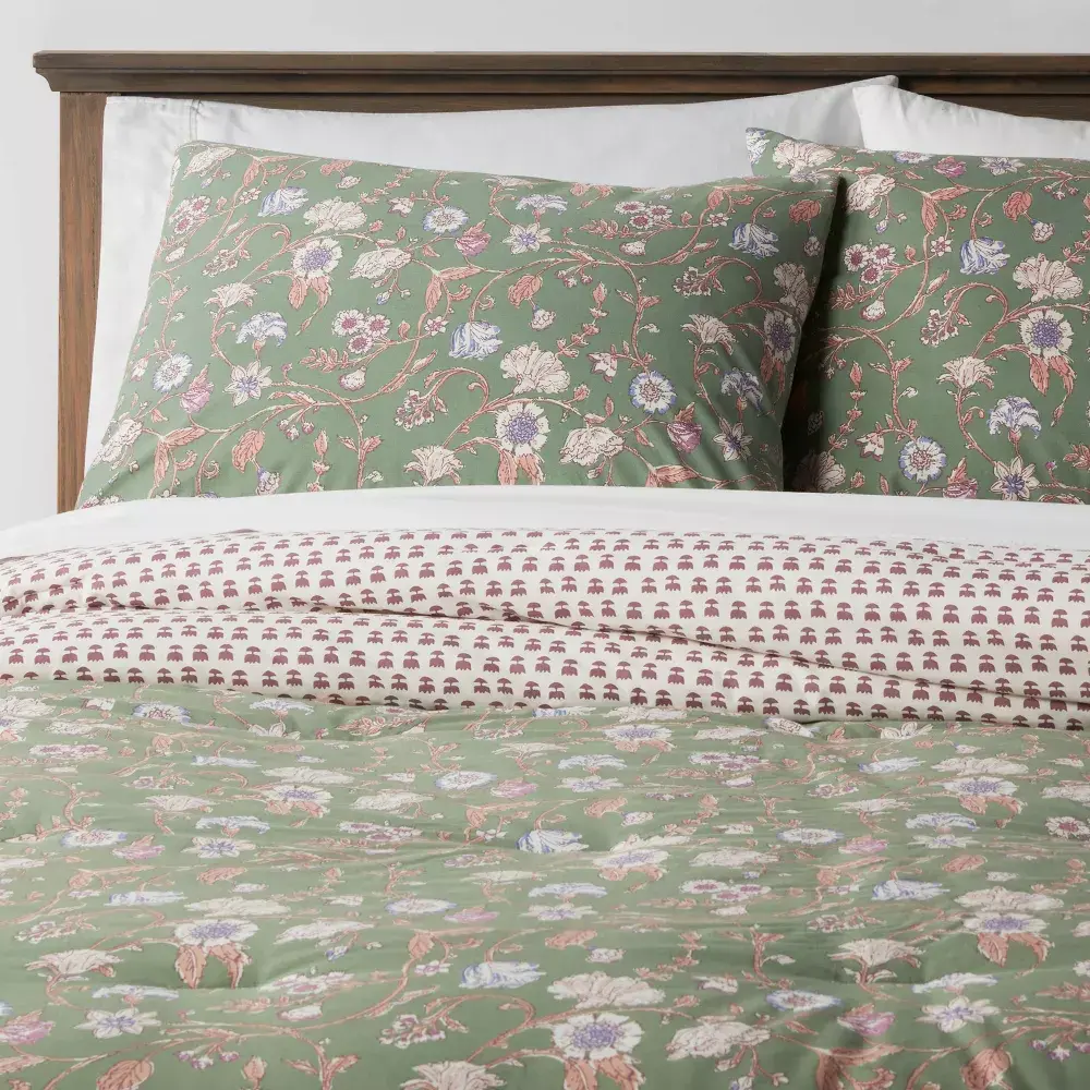 3pc King Boho Reversible Printed Comforter & Sham Set Green Floral - Threshold