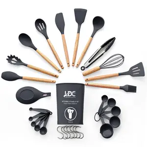 LUX Decor 35 PCS Kitchen Utensils Set with Holder, Silicone Non-Stick and Heat Resistant Spatula Set with Wooden Handles - Kitchen Essentials Tools