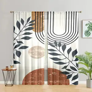 Abstract Leaf Print Curtain, 2 Counts/set Modern Simple Pole Pocket Design Curtain, Home Decorative Curtain for Living Room Bedroom Kitchen