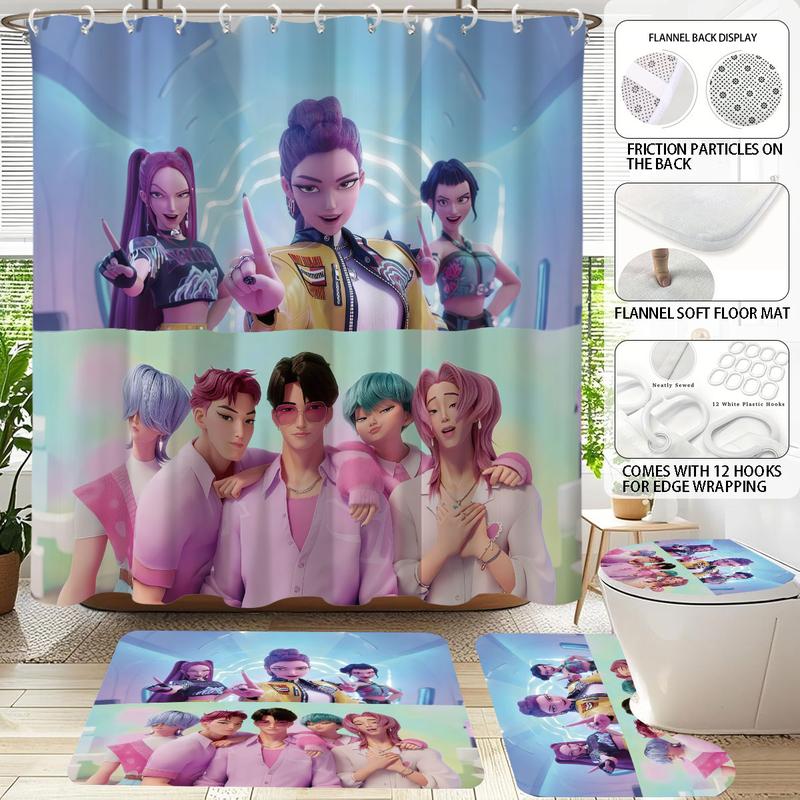 K-POP Demon Hunters Bathroom Set, Shower Curtain Sets Including Shower Curtain with 12 Hooks, Non-Slip Bath Rug, U-Shaped Toilet Mat, Toilet Lid Cover, Bathroom Decoration Accessories