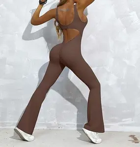 Workout Flare Jumpsuits Women Sexy Scrunch Butt Yoga Romper Backless Gym Bodycon V Back Seamless Unitard Playsuit