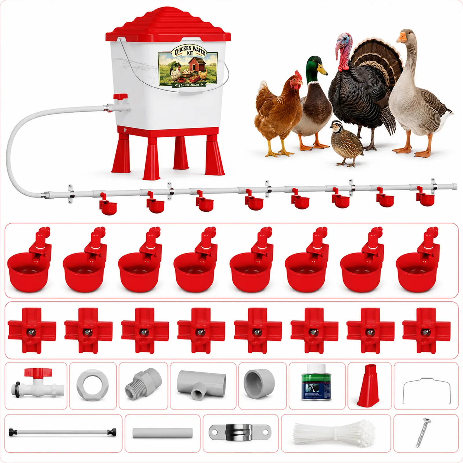 Automatic Poultry Chicken Watering System Kit - 5 Gal Bucket, Pipeline, 8 Cups, 8 Nipples - Complete Feeding Tool for Coop Backyard Farm Animal Supplies