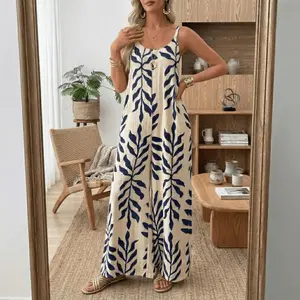 Women's Boho Tropical Print Jumpsuit, Sleeveless Wide Leg Beach Vacation Romper, Flowy One Piece Outfit