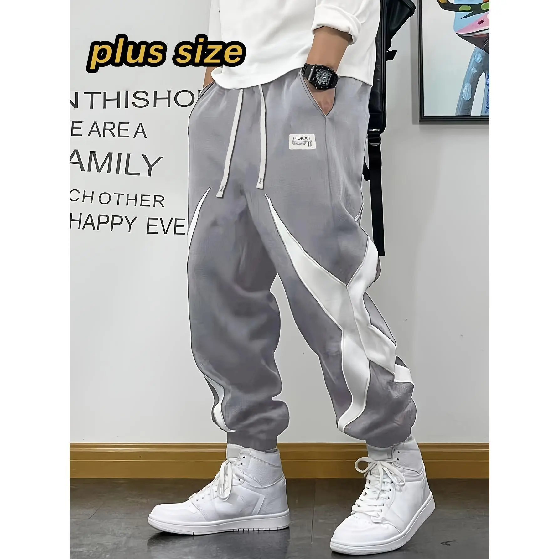 Plus Size Men Star Print Joggers, Y2K Streetwear Drawstring Ankle Banded Pants, Casual Athletic Running Training Trousers, Trendy Daily Commute Travel Lounge Pants