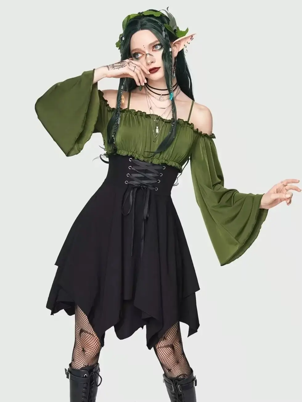 Women's Fairycore Renaissance Cross Strap Backless Cold Shoulder Dress, Vintage Boho Party Outfit