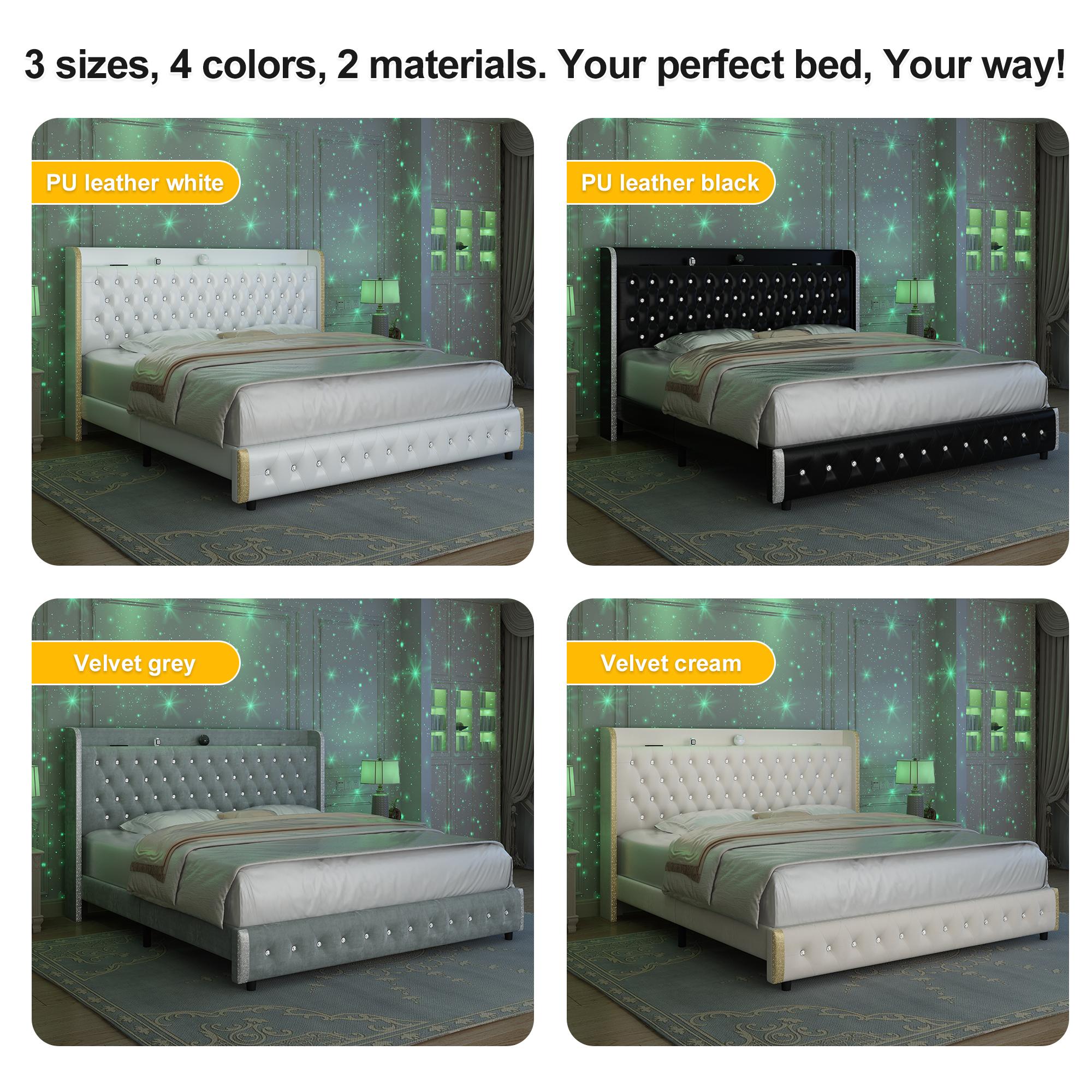 GEGOFORU Queen LED Bed Frame with Galaxy Projector & Bluetooth Speaker, Upholstered Platform Bed with 46” Tall Headboard, USB Charging Station, Storage Drawers & Wood Slat Support,Silent & Noise,Velvet