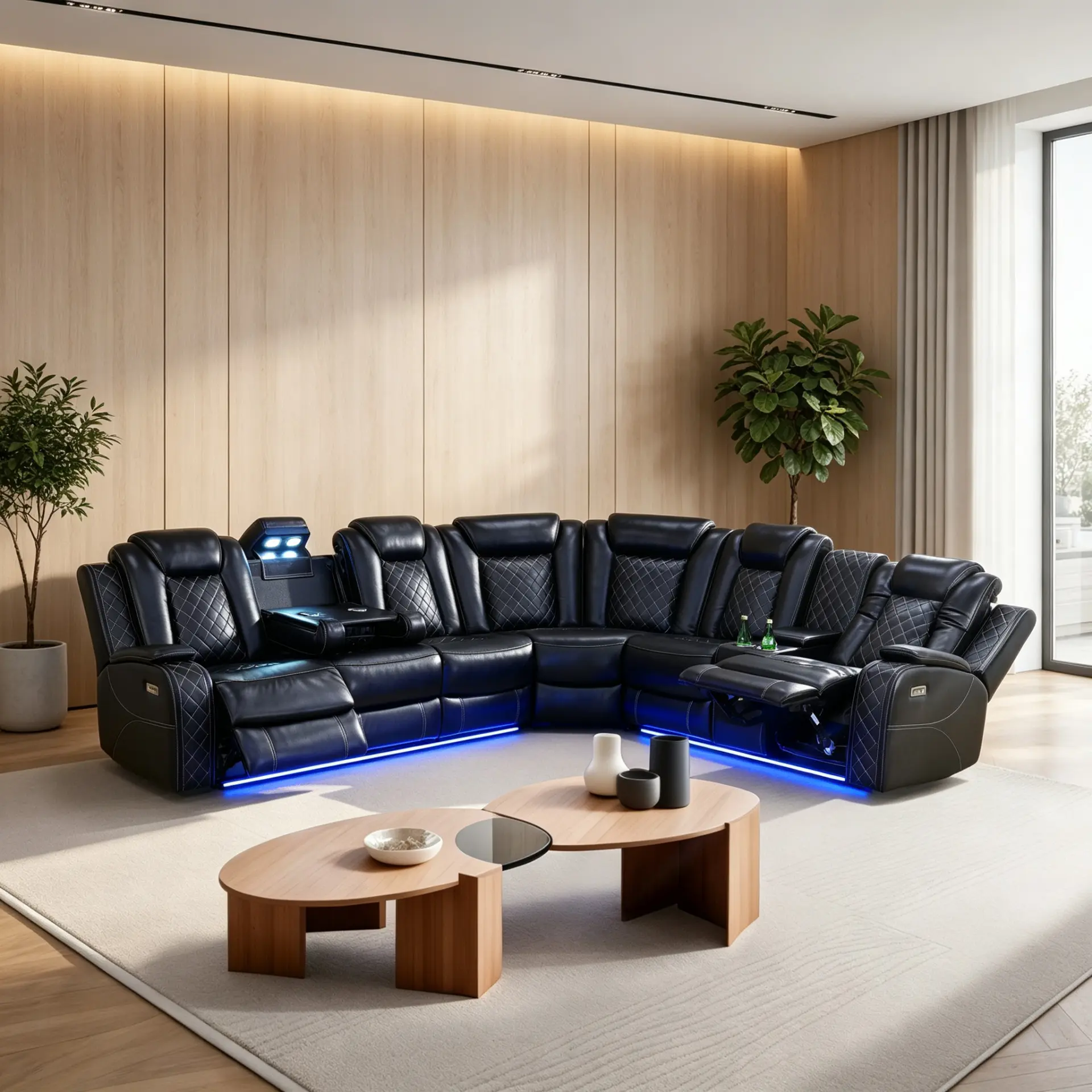 Luxury 3-Piece Curved Black Leather Power Recliner Sofa Set - Indoor Living Room Furniture with Electric Recline, Blue LED Base Lighting to Light Up Your Space, Built-in Cup Holders, Center Storage Console, Adjustable Footrest, Breathable Design Leather C