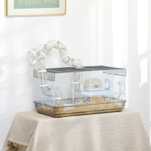 Gray small animal cage with tube system and exercise wheel top portable handle gerbil cage with front door food dish and water bottle suitable for raising dwarf hamsters and gerbils in the bedroom