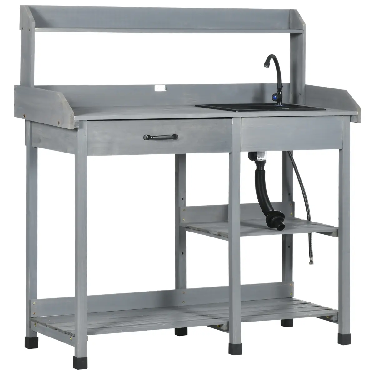 212 Main 845-543V00GY Outsunny Potting Bench Table, Includes Removable Outdoor Sink Station with Hose Hook Up, Wooden Work Station with Faucet, Drawer & Shelves, Hooks, Gray