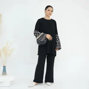 Loriya New Breathable 2-Piece Suit for Women - Geometric Embroidered Cuffs, Breathable Jersey Fabric, All-Seasons Wear, Modern Hijab Style Elegant Fit Clothes Embroidery Outfit Elastic Everyday Womenswear