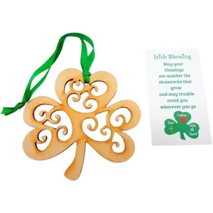 Irish Shamrock Ornament Irish Blessing Set with Wooden Christmas Decoration and Prayer Card, 3 Inch
