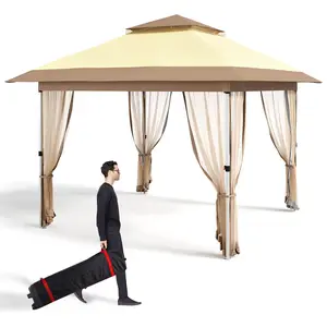 11'x11' Gazebo Canopy Tent with Curtains, Pop Up Outdoor Shelter with Mosquito Netting for Patio, Backyard Party, 2-Tiered Vented Top, 121 Square Feet of Shade, Beige