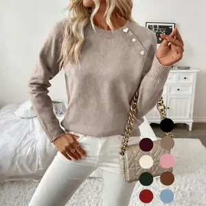 Ladies' elegant dress round neck casual professional autumn and winter knitted pullover lightweight casual outdoor fashion dress button design women's sweater Chic Asymmetric Soft Knitwear Womenswear Tops