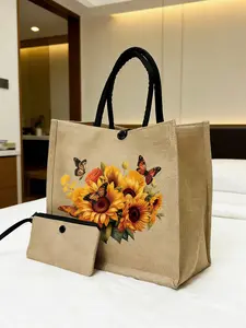 Sunflower Butterfly Theme Hemp Tote Bag Set 2pcs Durable Large Capacity Handbag for Daily Commute Market and Picnic, Perfect Gift for Women and Girls, Trendy Commuter Bag