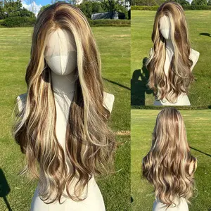 SMILCO/Brown White Highlight | 26-inch | Curly Long Middle Part | Lace Front Wigs | SM9205