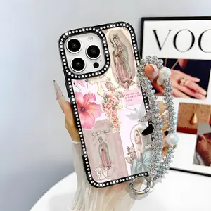 For iPhone 17 16 15 14 13 12 11 Pro Max Plus Air phone case, Virgin Mary Pattern Bling Glitter Phone Case with Sparkle Rhinestone Diamond, Airbag Anti-Fall Crystal Cover, exquisite gift for friends and family
