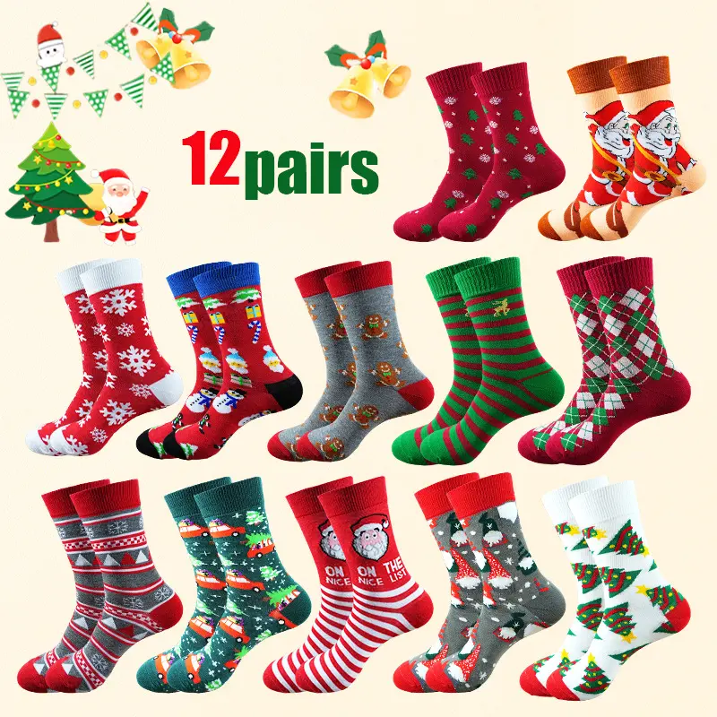 12 Pairs Plus Size Winter Knee High Christmas Socks Gift Cozy Warm Style Perfect for Holiday Season