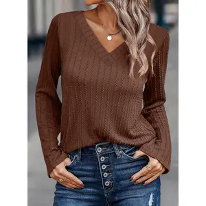 Womens Long Sleeve Tops Trendy V Neck Ribbed Lightweight Shirts Dressy Casual Loose Fit Blouses