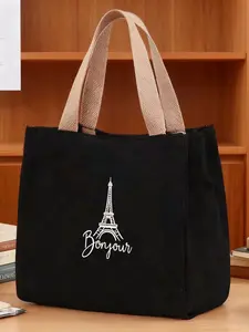 Eiffel Tower Bonjour Handwriting Print Cosmetic Bag, French Romantic Style, Canvas Bottom, Ideal for Travel & Vintage