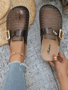 New Fashion Transparent Jelly Casual Half Slipper for Women, Metal Buckle Woven Texture Thick Sole Breathable Mesh Cool Slippers