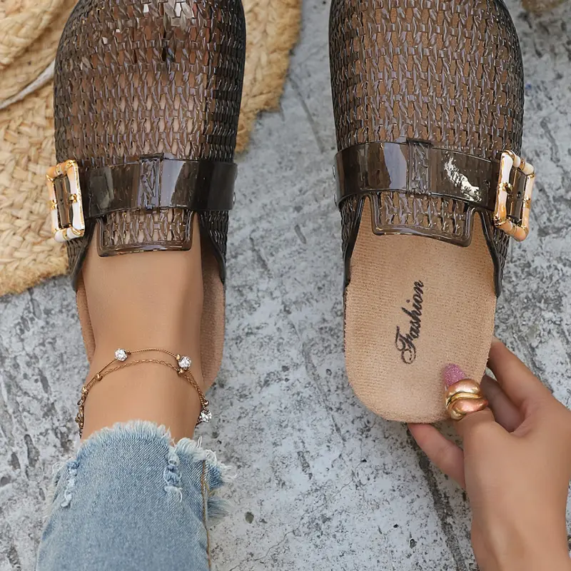 Women's New Pearl Sequin Hollow Out Braided Mule Slippers Footwear, Casual Style, Breathable, Soft Rubber Sole, PU Leather Upper